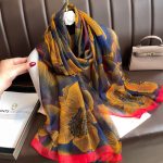 Organza Scarf - Blue Base Red Edge Yellow Flower - Wholesale Silk Scarf Supplier
