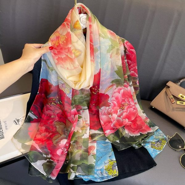 Organza Scarf - Cream Base Pink Peony