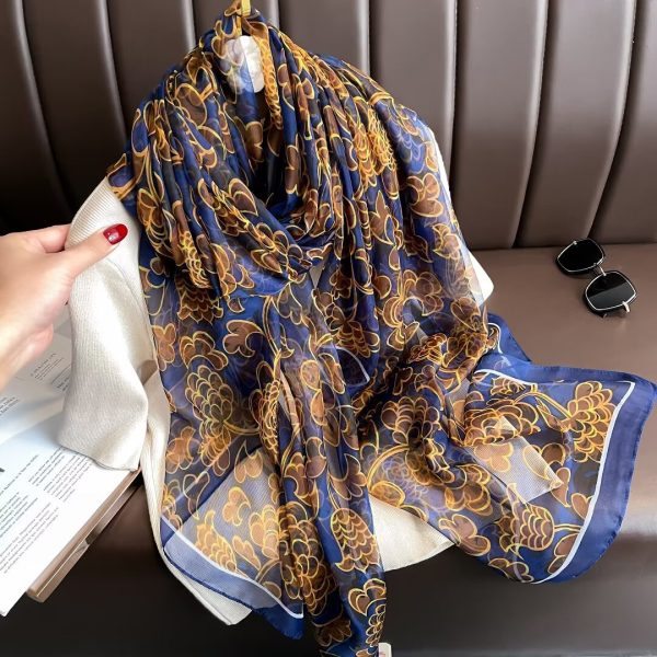 Organza Scarf - Flower Blue Gold