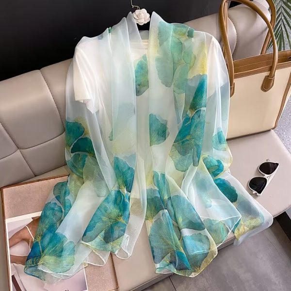 Organza Scarf - Ginkgo Leaf Lake Blue