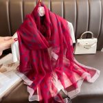 Organza Scarf - Red Base Blue Small Rose - Wholesale Silk Scarf Supplier
