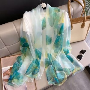 Organza Scarf - Ginkgo Leaf Lake Blue