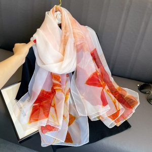 Organza Scarf - White Base Red Flower