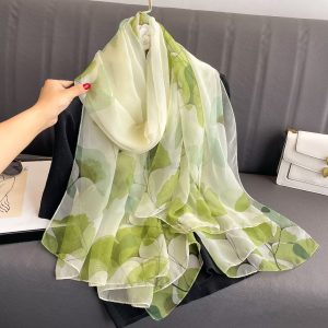 Organza Scarf - Green Ginkgo Leaf