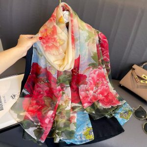 Organza Scarf - Cream Base Pink Peony