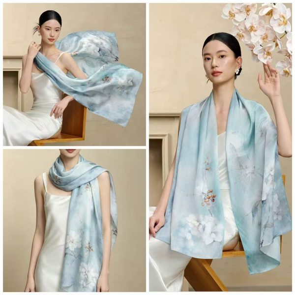 Ladies Lake Blue Ink Wash Flower Long Scarf 80x180cm