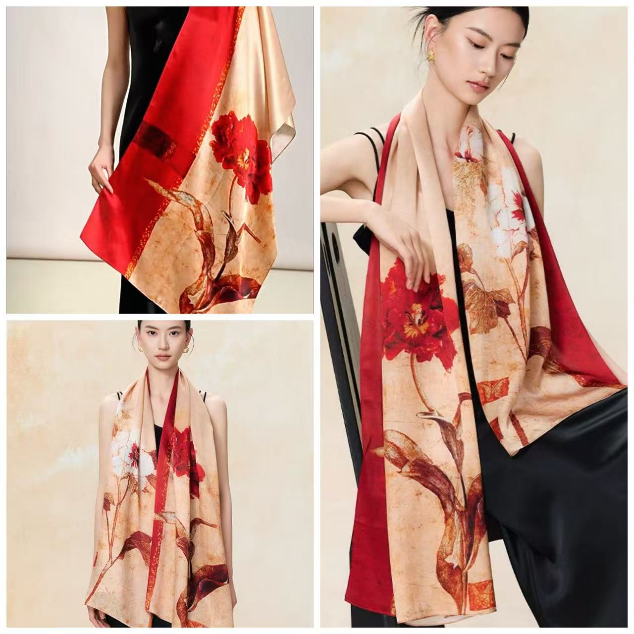 Low MOQ Polyester Satin Red Flower Long Scarf | Bulk Supplier