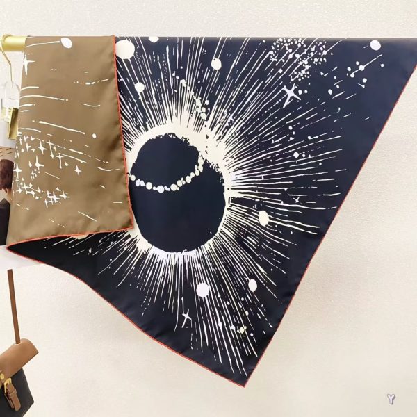 [ Celestial Eclipse Noir ] 100% Real Silk Twill 90x90cm - 77g (with Pack) Square Scarf Wholesale