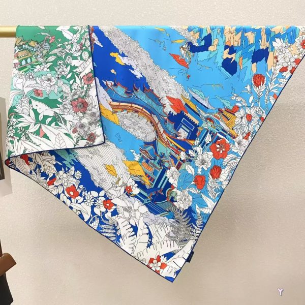 [ Imperial Blue Palace Garden ] 100% Real Silk Twill 90x90cm - 77g (with Pack) Square Scarf Wholesale