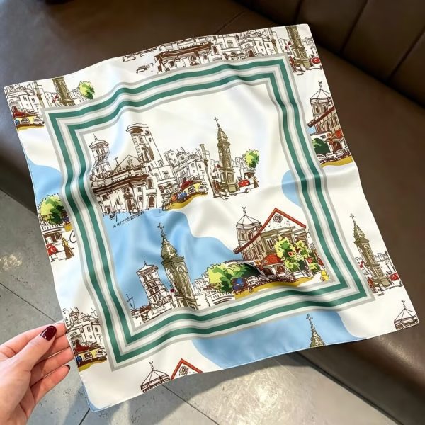 [ Vintage Europe ] 100% Real Silk Bandana 53x53cm - Premium 22g Mulberry Silk Square Scarf with Architectural Print