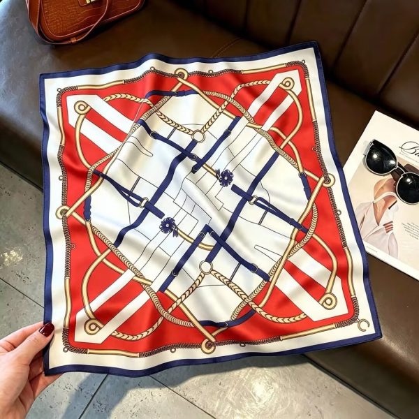 [ Equestrian Grid ] 100% Real Silk Bandana 53x53cm - Premium 22g Mulberry Silk Square Scarf