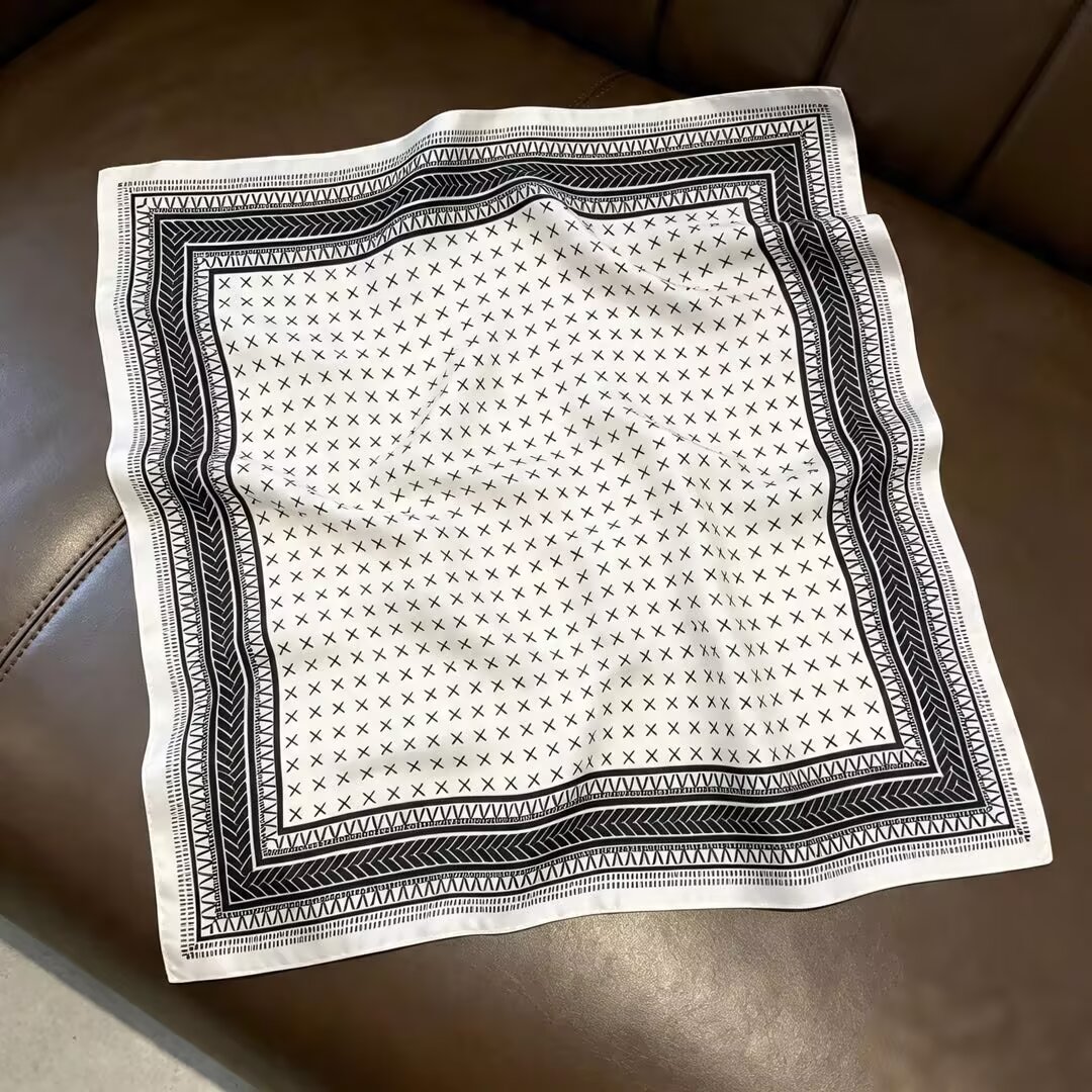 [ Monochromatic Cross ] 100% Real Silk Bandana 53x53cm - Premium 22g Mulberry Silk Square Scarf