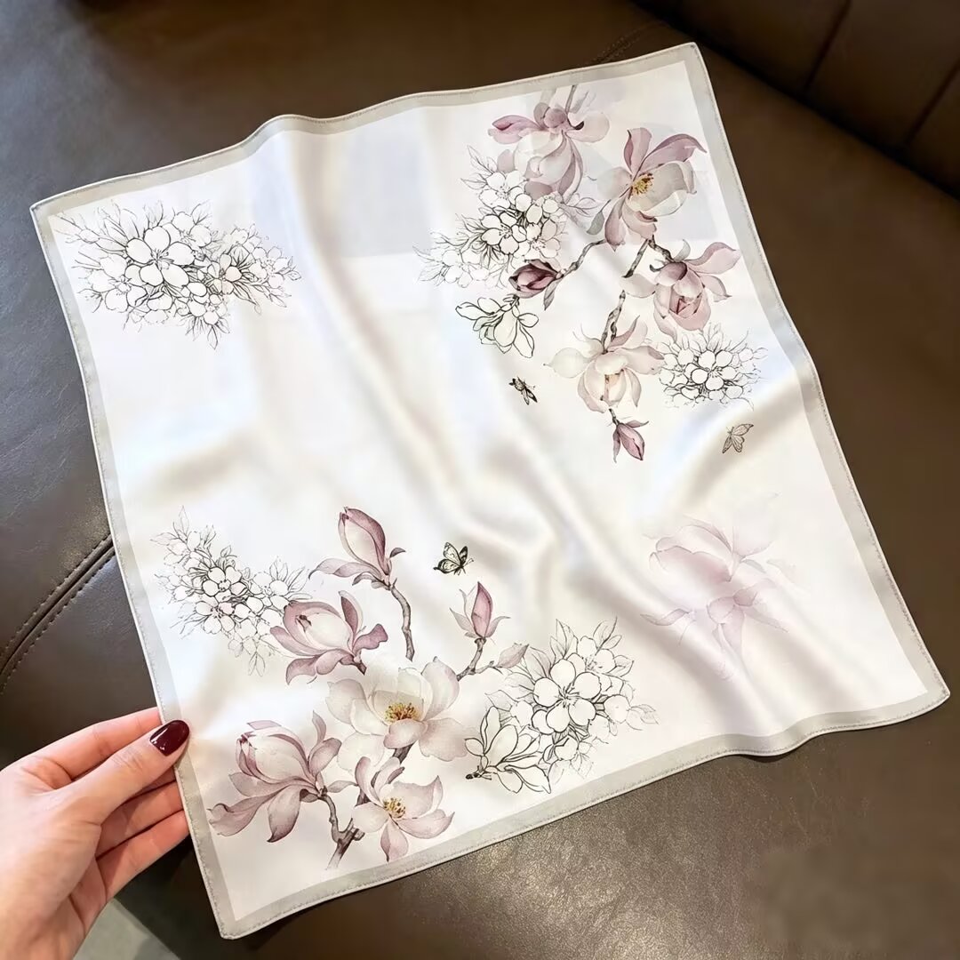 [ Elegant Magnolia ] 100% Real Silk Bandana 53x53cm - Premium 22g Mulberry Silk Square Scarf