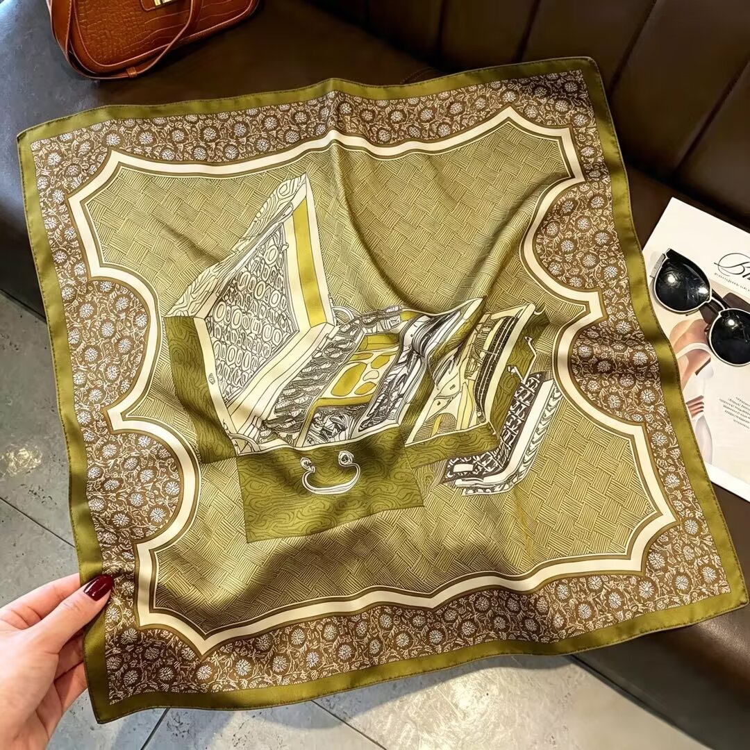 [ Khaki Treasure ] 100% Real Silk Bandana 53x53cm - Premium 22g Mulberry Silk Square Scarf