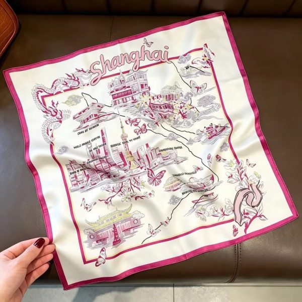 [ Shanghai Map ] 100% Real Silk Bandana 53x53cm - Premium 22g Mulberry Silk Square Scarf