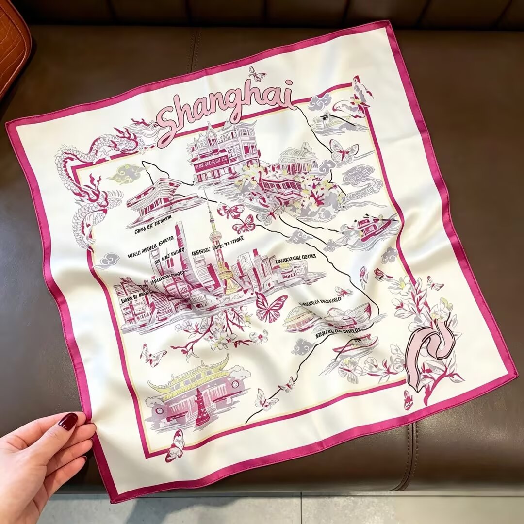 [ Shanghai Map ] 100% Real Silk Bandana 53x53cm - Premium 22g Mulberry Silk Square Scarf
