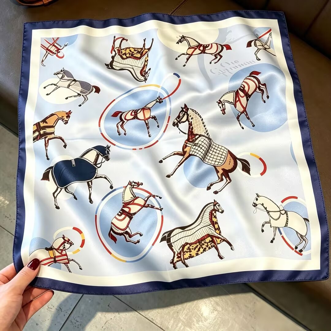 [ Equestrian Carousel Blue ] 100% Real Silk Bandana 53x53cm - Premium 22g Mulberry Silk Square Scarf
