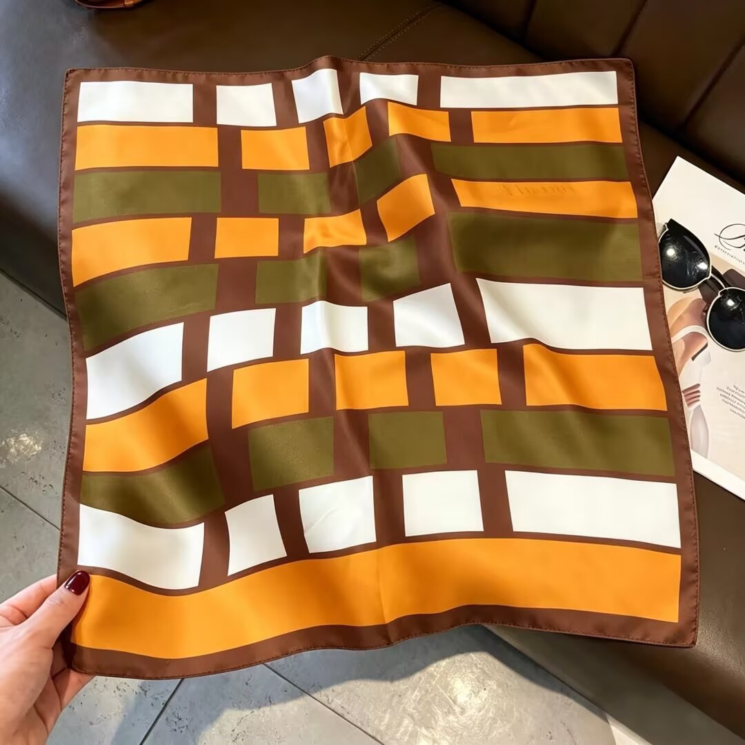 [ Modern Retro Geometric Blocks ] 100% Real Silk Bandana 53x53cm – Premium 22g Mulberry Silk Square Scarf