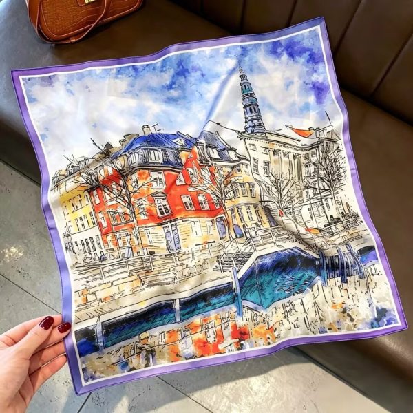 [ Vintage European Streetscape ] 100% Real Silk Bandana 53x53cm – Premium 22g Mulberry Silk Square Scarf