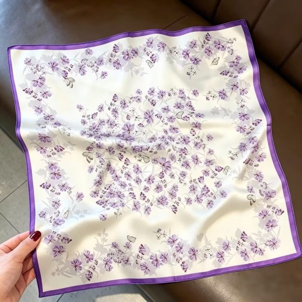 [ Romantic Lavender Blossom ] 100% Real Silk Bandana 53x53cm – Premium 22g Mulberry Silk Square Scarf