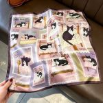 [ Vintage Cat Stamp Illustration ] 100% Real Silk Bandana 53x53cm – Premium 22g Mulberry Silk Square Scarf