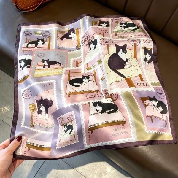 [ Vintage Cat Stamp Illustration ] 100% Real Silk Bandana 53x53cm – Premium 22g Mulberry Silk Square Scarf