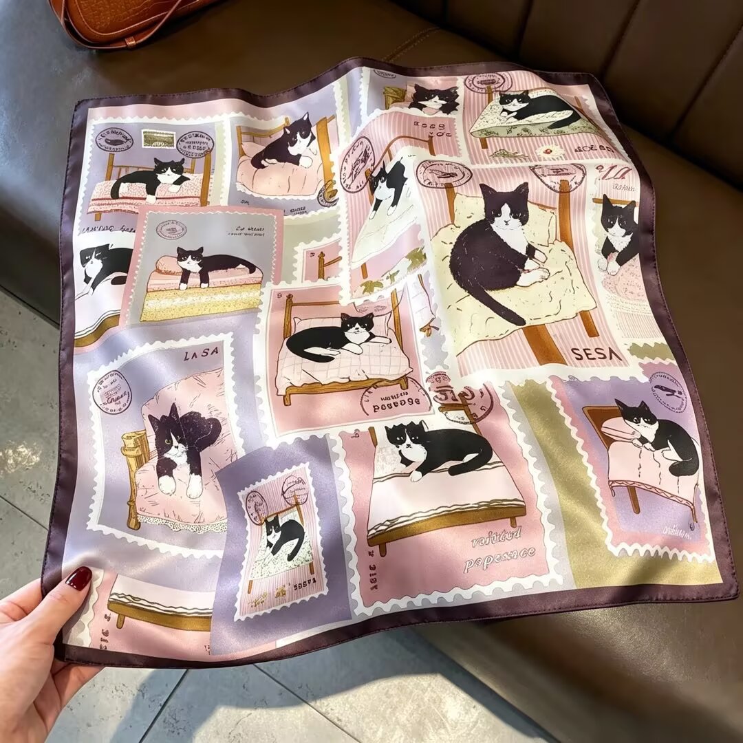 [ Vintage Cat Stamp Illustration ] 100% Real Silk Bandana 53x53cm – Premium 22g Mulberry Silk Square Scarf