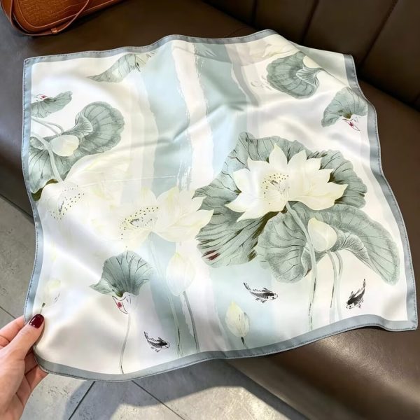 [ Zen Ink Lotus & Koi Fish ] 100% Real Silk Bandana 53x53cm – Premium 22g Mulberry Silk Square Scarf