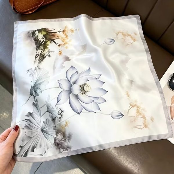 [ Oriental Shanshui Lotus ] 100% Real Silk Bandana 53x53cm – Premium 22g Mulberry Silk Square Scarf
