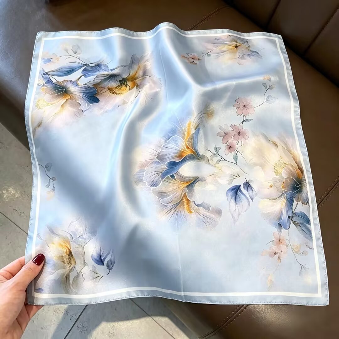 [ Elegant Iris Bouquet ] 100% Real Silk Bandana 53x53cm – Premium 22g Mulberry Silk Square Scarf