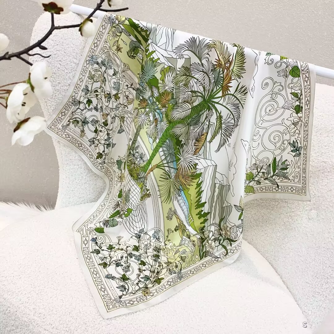 [ Botanical Rainforest Greenhouse ] 100% Real Silk Bandana 70x70cm – Premium 33g Mulberry Silk Square Scarf