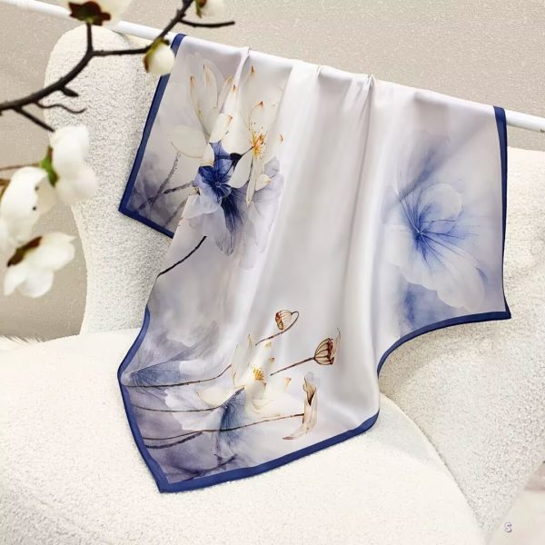 [ Zen Ink Lotus Blossom ] 100% Real Silk Bandana 70x70cm – Premium 33g Mulberry Silk Square Scarf