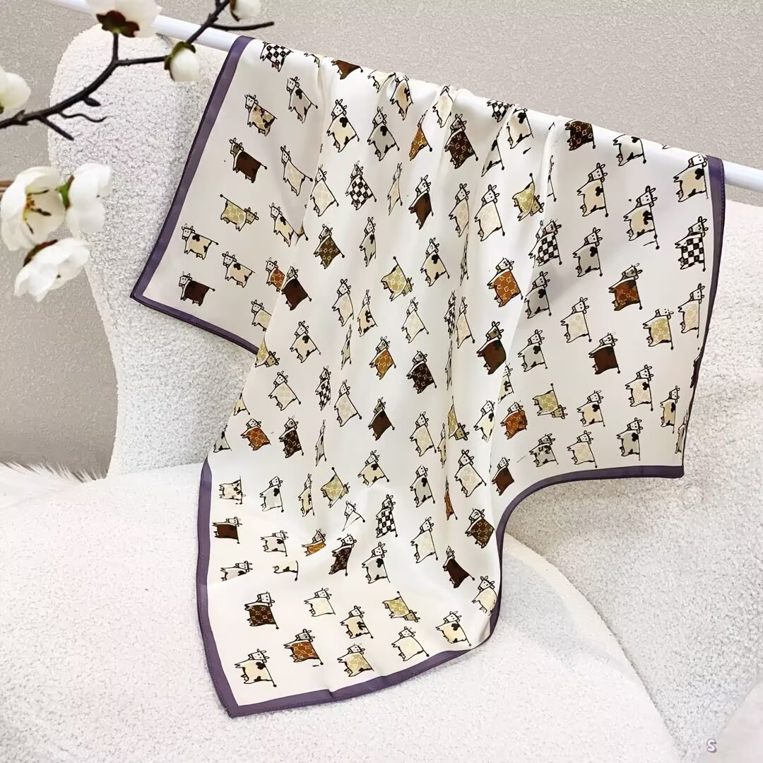 [ Whimsical Doodle Cow Patchwork ] 100% Real Silk Bandana 70x70cm – Premium 33g Mulberry Silk Square Scarf