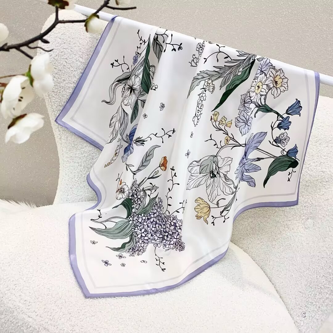 [ Romantic Pastoral Wildflower Garden ] 100% Real Silk Bandana 70x70cm – Premium 33g Mulberry Silk Square Scarf