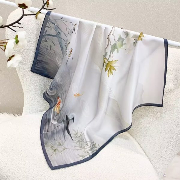 [ Zen Ink Sado Spring River Koi ] 100% Real Silk Bandana 70x70cm – Premium 33g Mulberry Silk Square Scarf