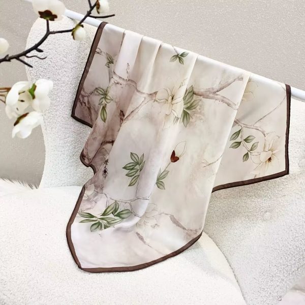 [ Antique Ink Magnolia Branches ] 100% Real Silk Bandana 70x70cm – Premium 33g Mulberry Silk Square Scarf