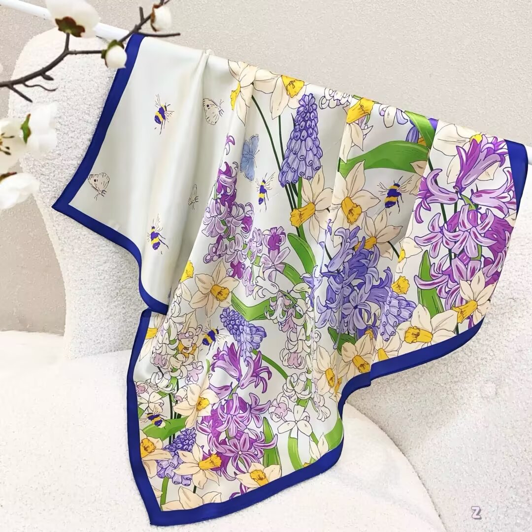 [ Romantic Spring Hyacinth & Daffodil Garden ] 100% Real Silk Bandana 70x70cm – Premium 33g Mulberry Silk Square Scarf