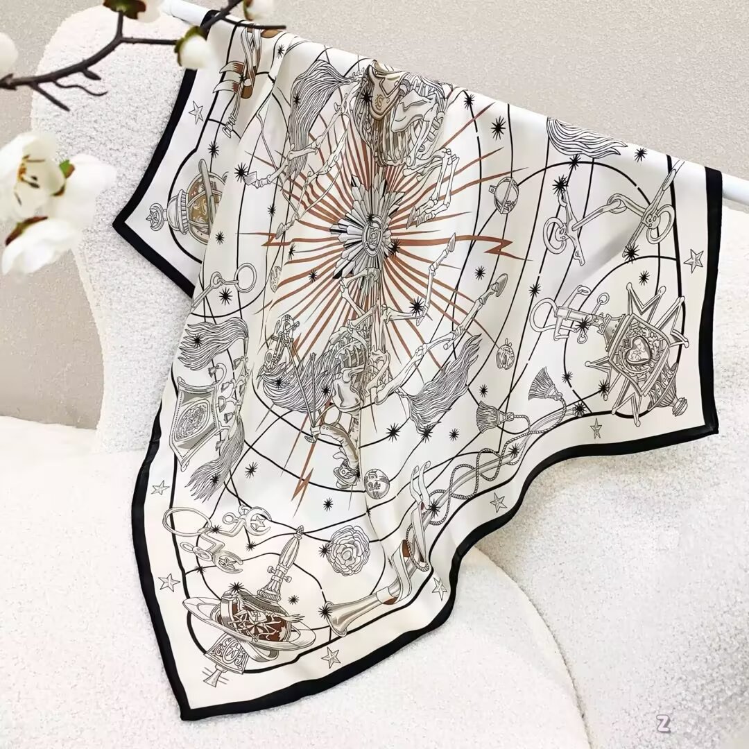 [ Vintage Astrological Tarot Mythos ] 100% Real Silk Bandana 70x70cm – Premium 33g Mulberry Silk Square Scarf