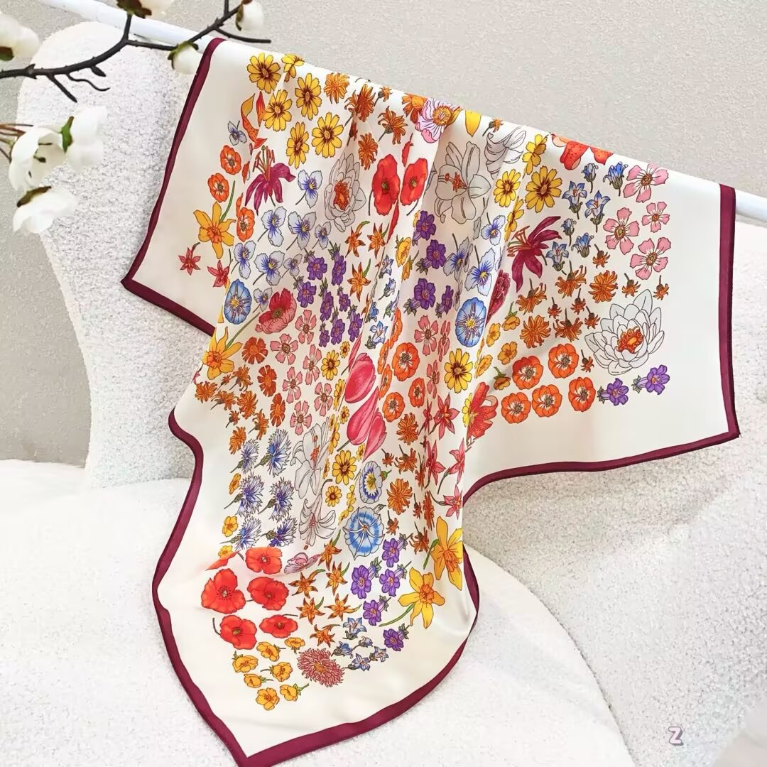 [ Retro French Botanical Bloom ] 100% Real Silk Bandana 70x70cm – Premium 33g Mulberry Silk Square Scarf