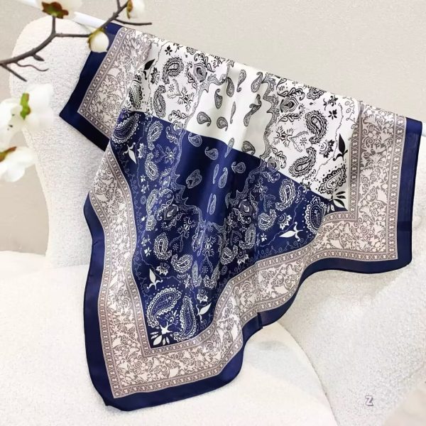 [ Split-Tone Royal Navy Paisley ] 100% Real Silk Bandana 70x70cm – Premium 33g Mulberry Silk Square Scarf