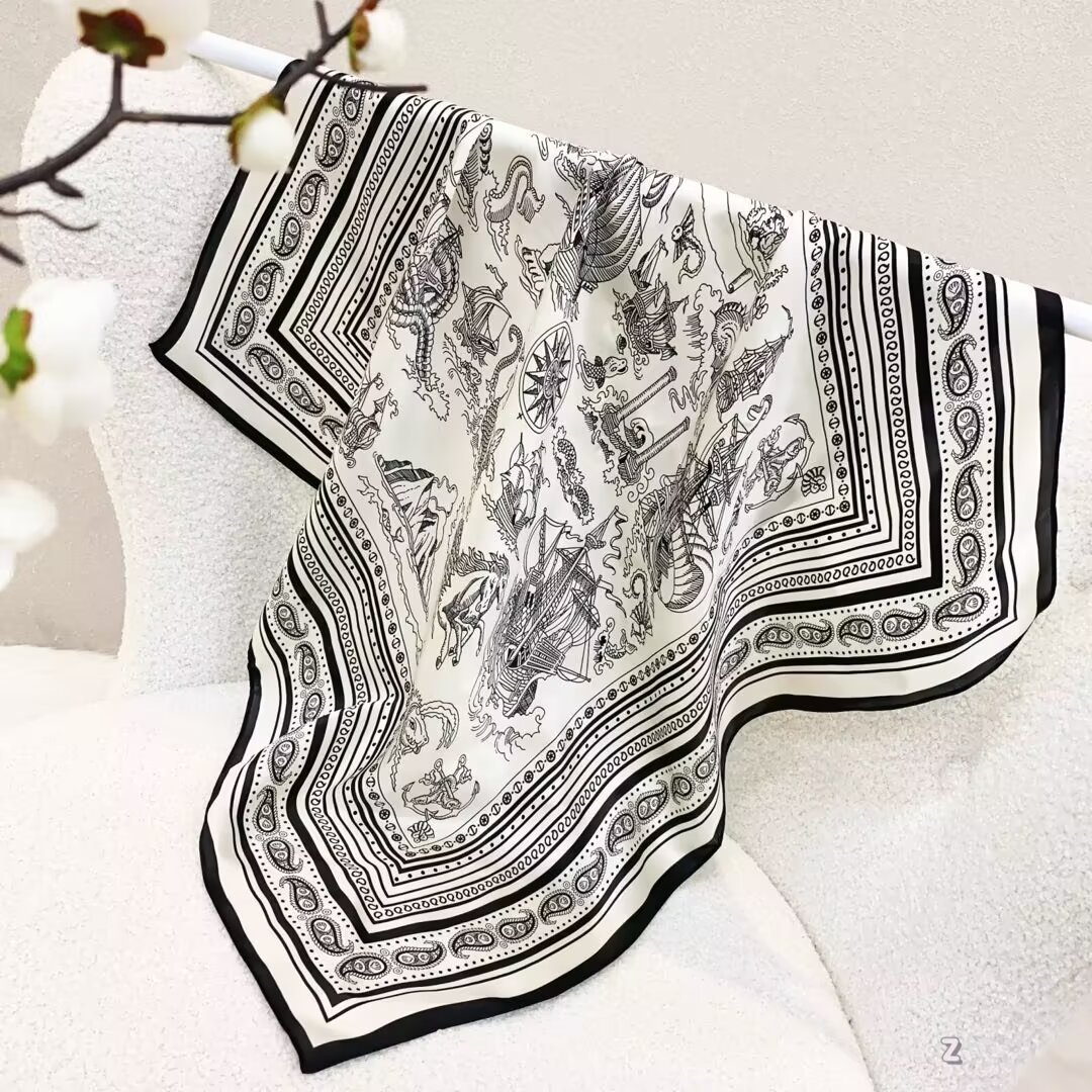 [ Vintage Maritime Mythos Paisley ] 100% Real Silk Bandana 70x70cm – Premium 33g Mulberry Silk Square Scarf