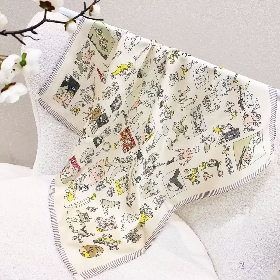 [ Retro Whimsical Comic Strip Doodle ] 100% Real Silk Bandana 70x70cm – Premium 33g Mulberry Silk Square Scarf
