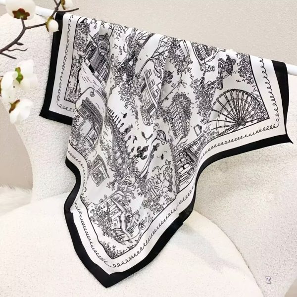 [ Vintage Parisian Streetscape Sketch ] 100% Real Silk Bandana 70x70cm – Premium 33g Mulberry Silk Square Scarf