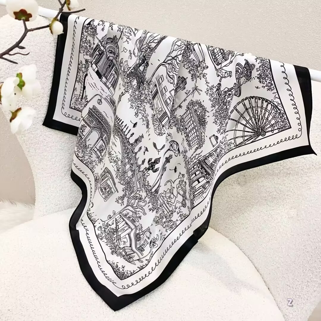 [ Vintage Parisian Streetscape Sketch ] 100% Real Silk Bandana 70x70cm – Premium 33g Mulberry Silk Square Scarf