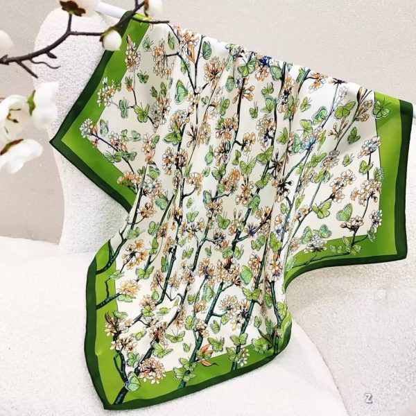 [ Spring Chinoiserie Butterfly & Blossom ] 100% Real Silk Bandana 70x70cm – Premium 33g Mulberry Silk Square Scarf