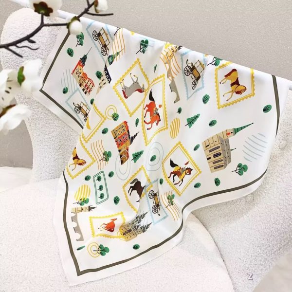 [ Vintage Medieval Castle & Equestrian Stamps ] 100% Real Silk Bandana 70x70cm – Premium 33g Mulberry Silk Square Scarf
