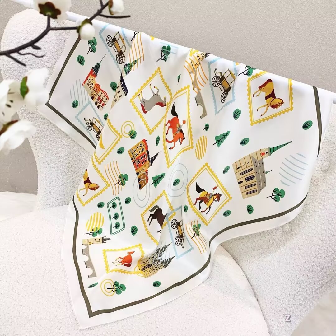 [ Vintage Medieval Castle & Equestrian Stamps ] 100% Real Silk Bandana 70x70cm – Premium 33g Mulberry Silk Square Scarf