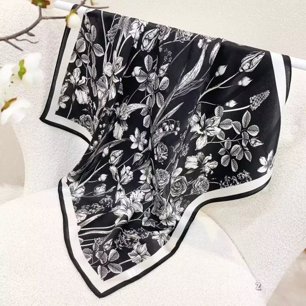 [ Vintage Monochrome Botanical Sketch ] 100% Real Silk Bandana 70x70cm – Premium 33g Mulberry Silk Square Scarf