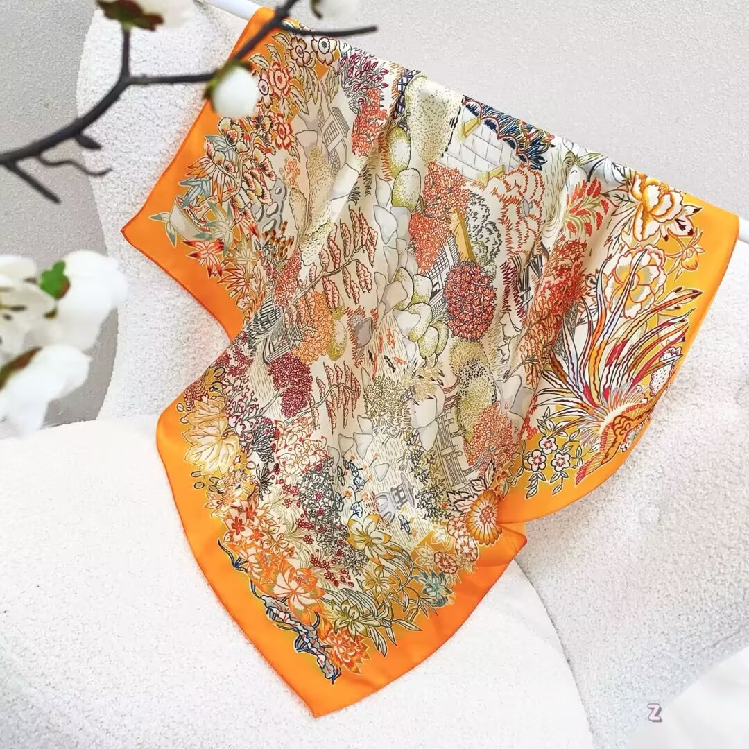 [ Sunset Orange Secret Garden Tapestry ] 100% Real Silk Bandana 70x70cm – Premium 33g Mulberry Silk Square Scarf