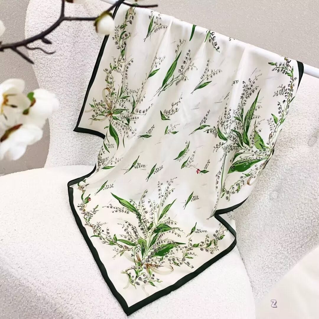 [ French Lily of the Valley Romance ] 100% Real Silk Bandana 70x70cm – Premium 33g Mulberry Silk Square Scarf